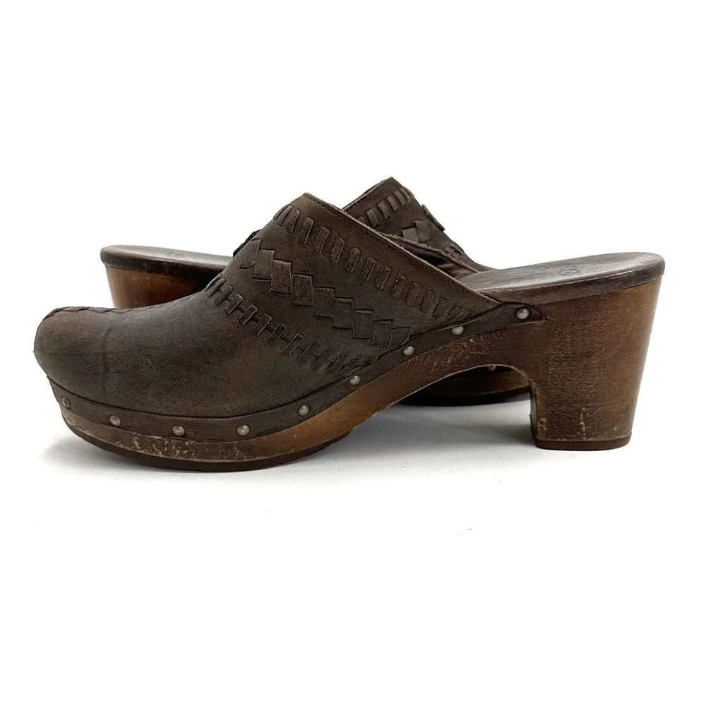 Ugg | Vivica Brown Woven Leather Wooden Clog Size US 8 - Picture 7 of 13